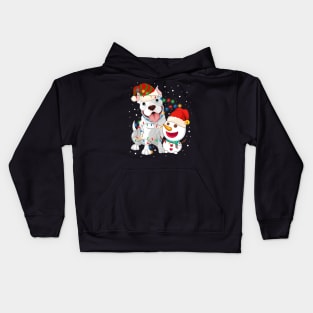 Funny Pitbull Dog Snowman wearing a santa hat Light Tree Christmas Kids Hoodie